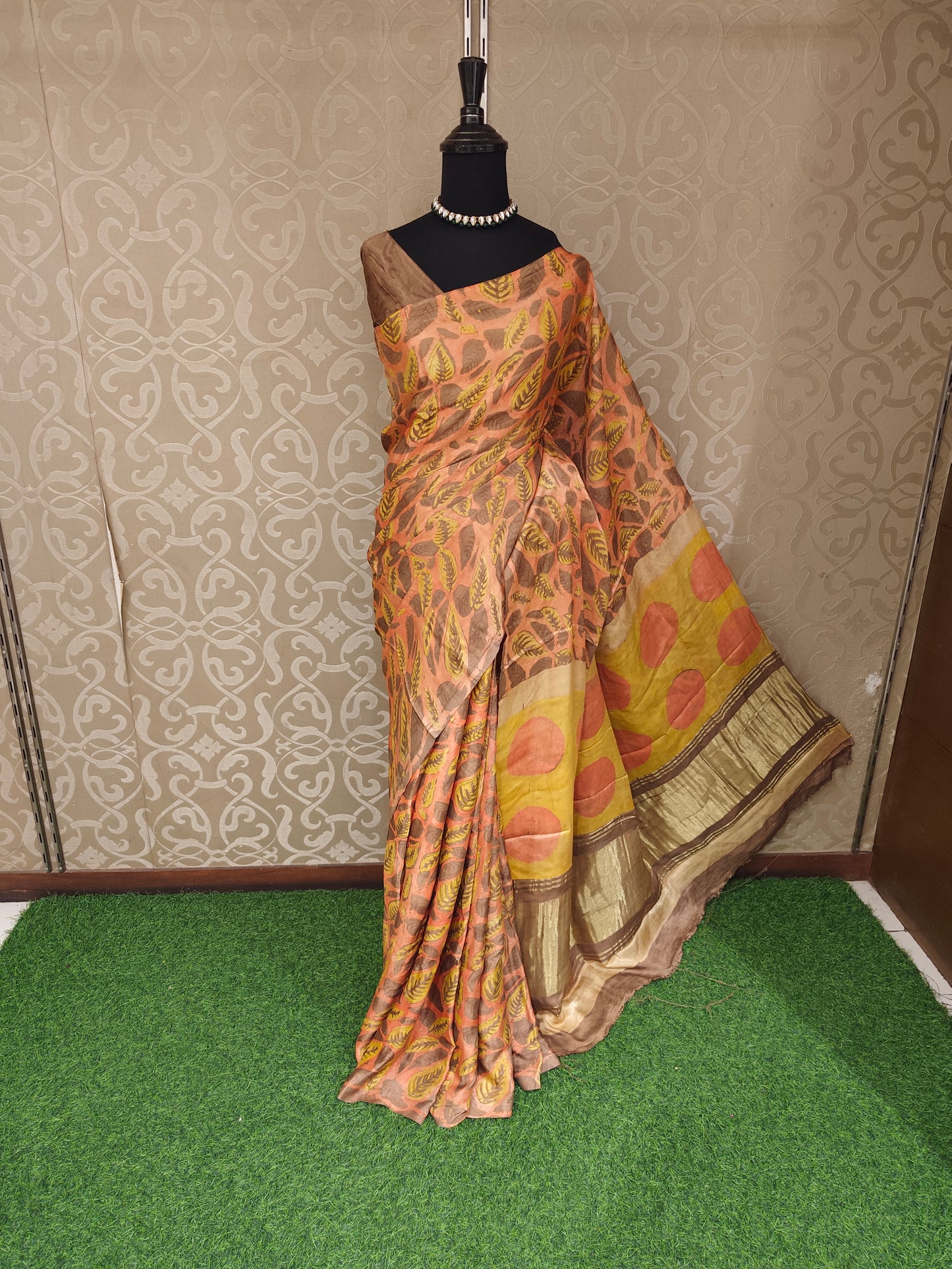 Peach Pure Modal Silk Ajrakh Printed Saree With Unstich Blouse