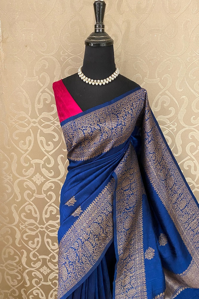 Deep Blue Pure Raw Tussar Banarasi Silk Saree, Hand Woven Motifs With Unstiched Blouse