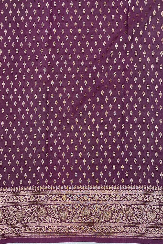 Deep Purple Crepe Khaddi Banarasi Silk Saree With Unstiched Blouse