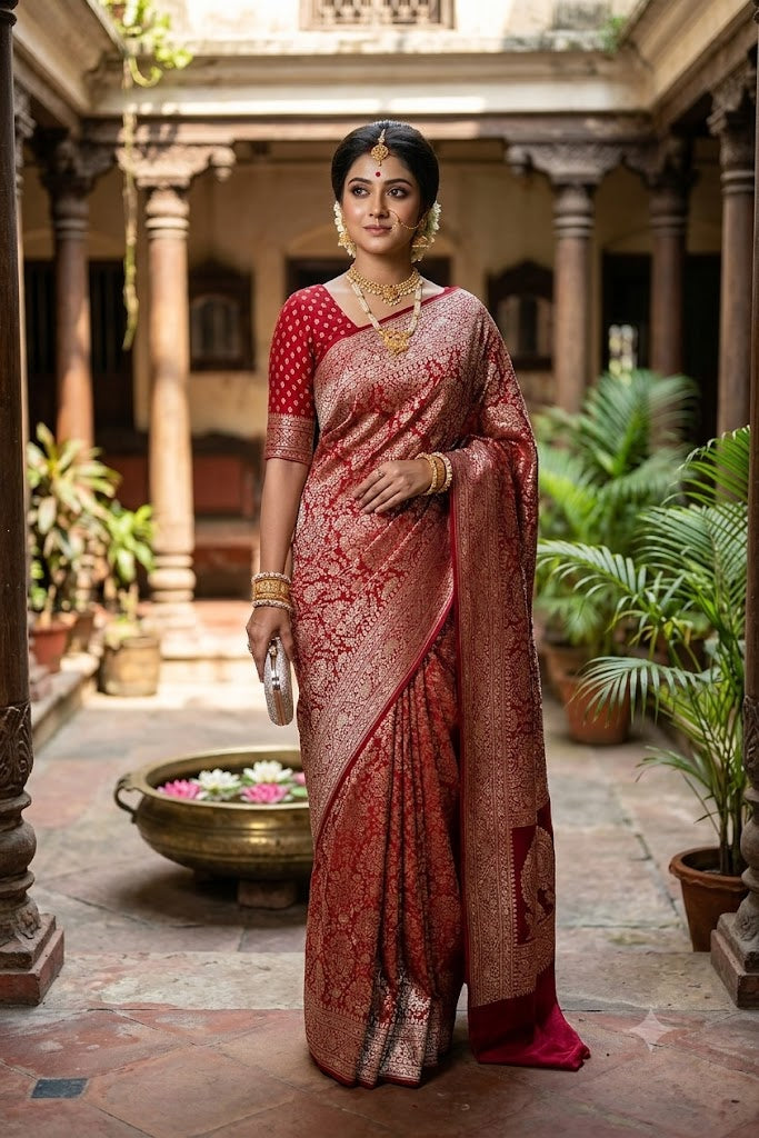 Red Crepe Khaddi Banarasi Silk Saree With Unstiched Blouse