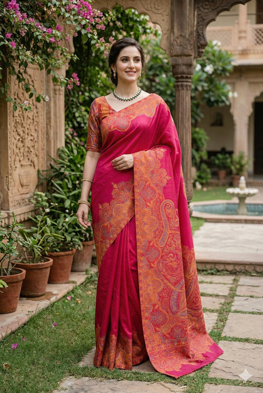 Rani Pure Kani Handloom Silk Saree With Unstiched Woven Blouse - Saarang Sarees