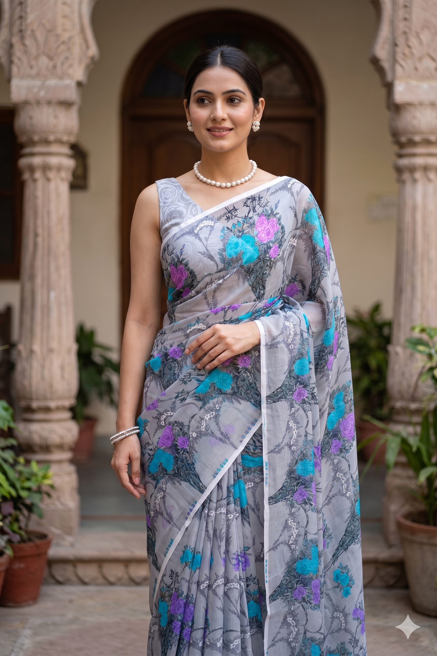 Grey Floral Printed Chiffon Saree, With Unstiched Blouse Piece