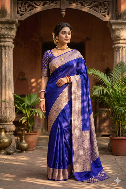 Purple and blue Mysore crepe silk Banarasi saree with intricate gold zari work and an unstiched blouse for traditional wear.