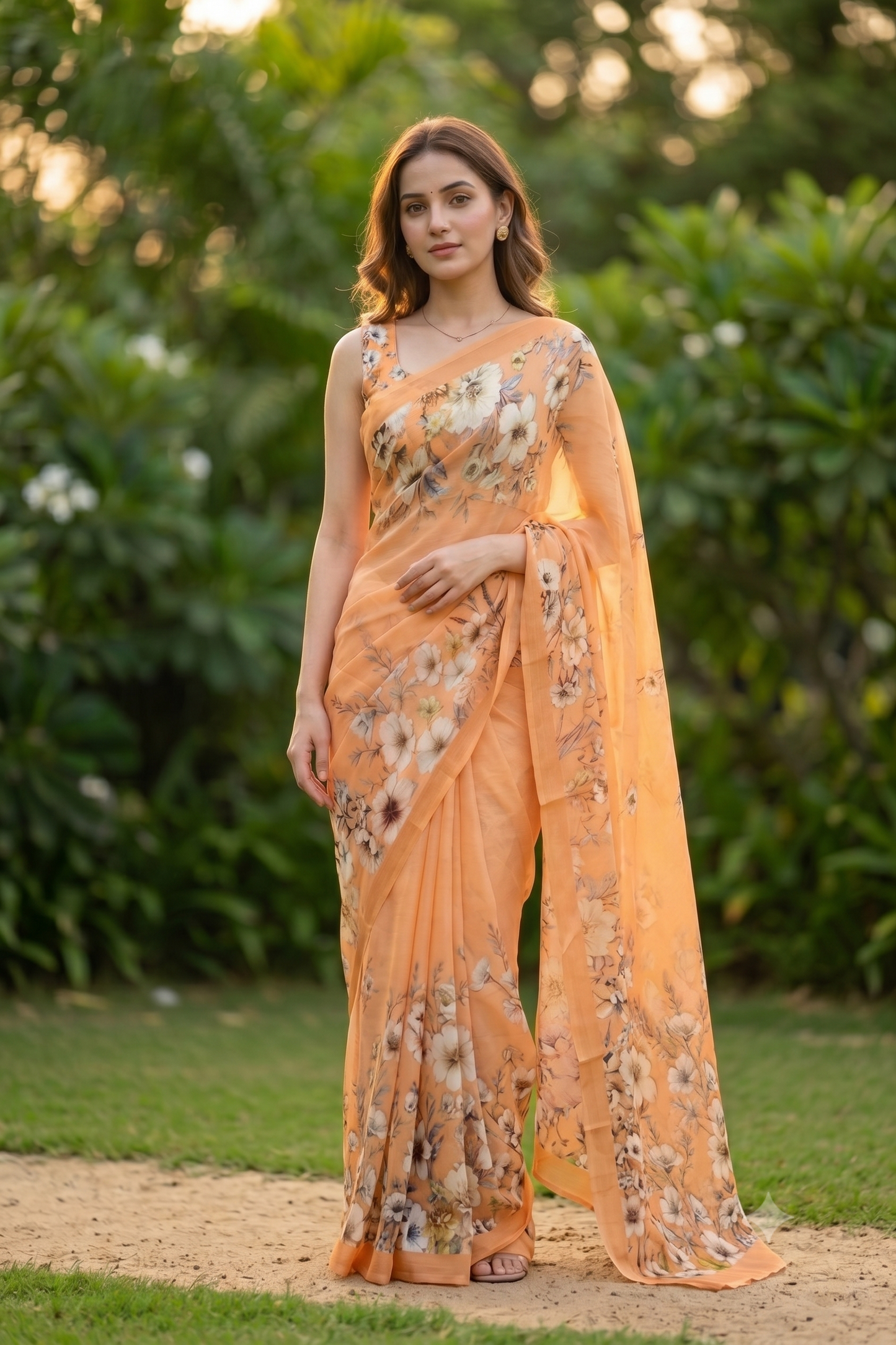 Peach Floral Printed Chiffon Saree, With Unstiched Blouse Piece