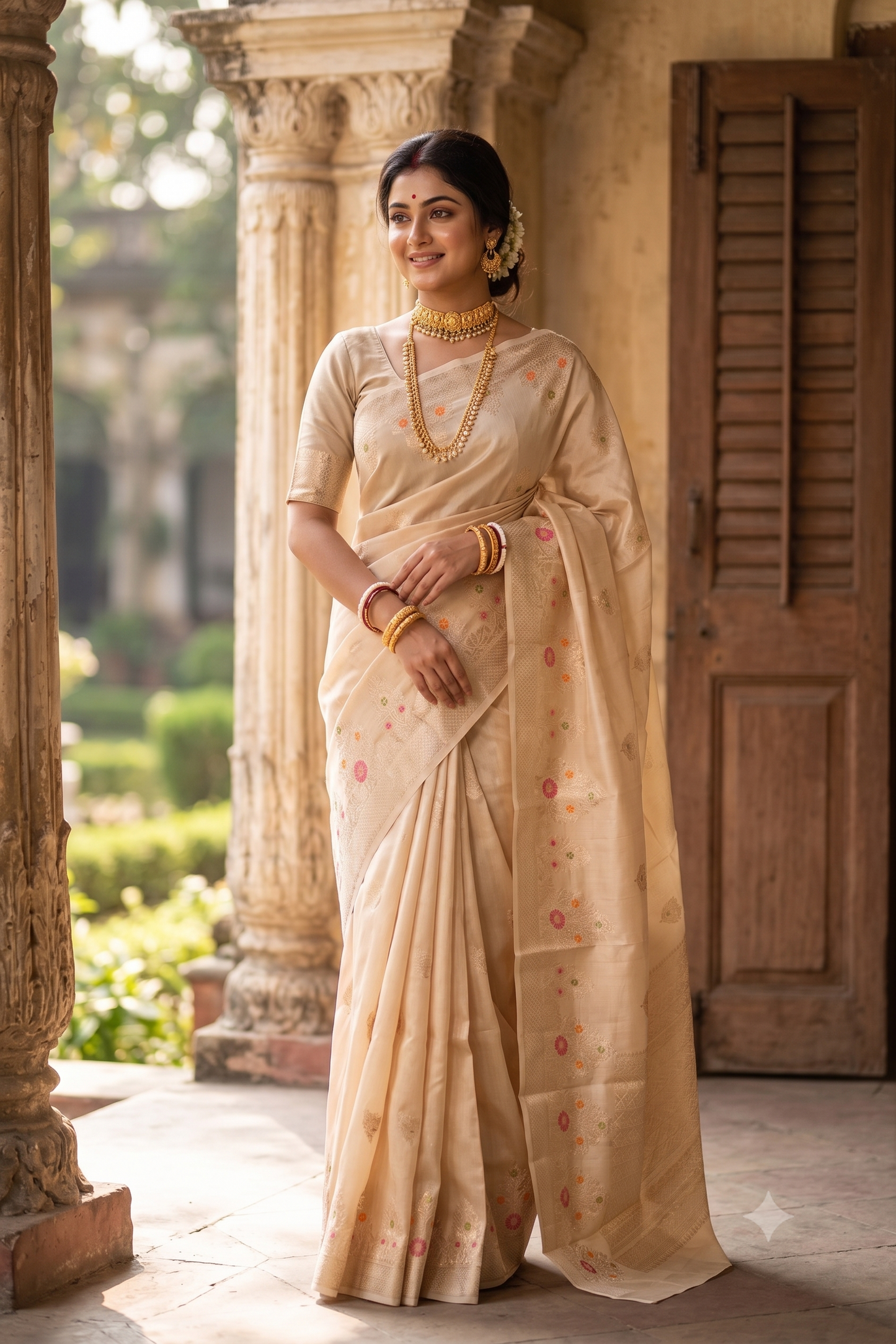 Off-White Chiniya Silk Saree Hand Woven Butas, With Unstiched Blouse