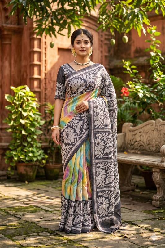 Multi Tussar embroidery saree with Kantha border and unstitched blouse from Saarang Sarees, showcasing intricate traditional craftsmanship.