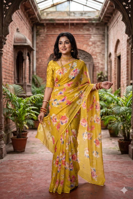Mustard yellow floral printed chiffon saree with unstiched blouse piece, party wear by Saarang Sarees, elegant and vibrant design.