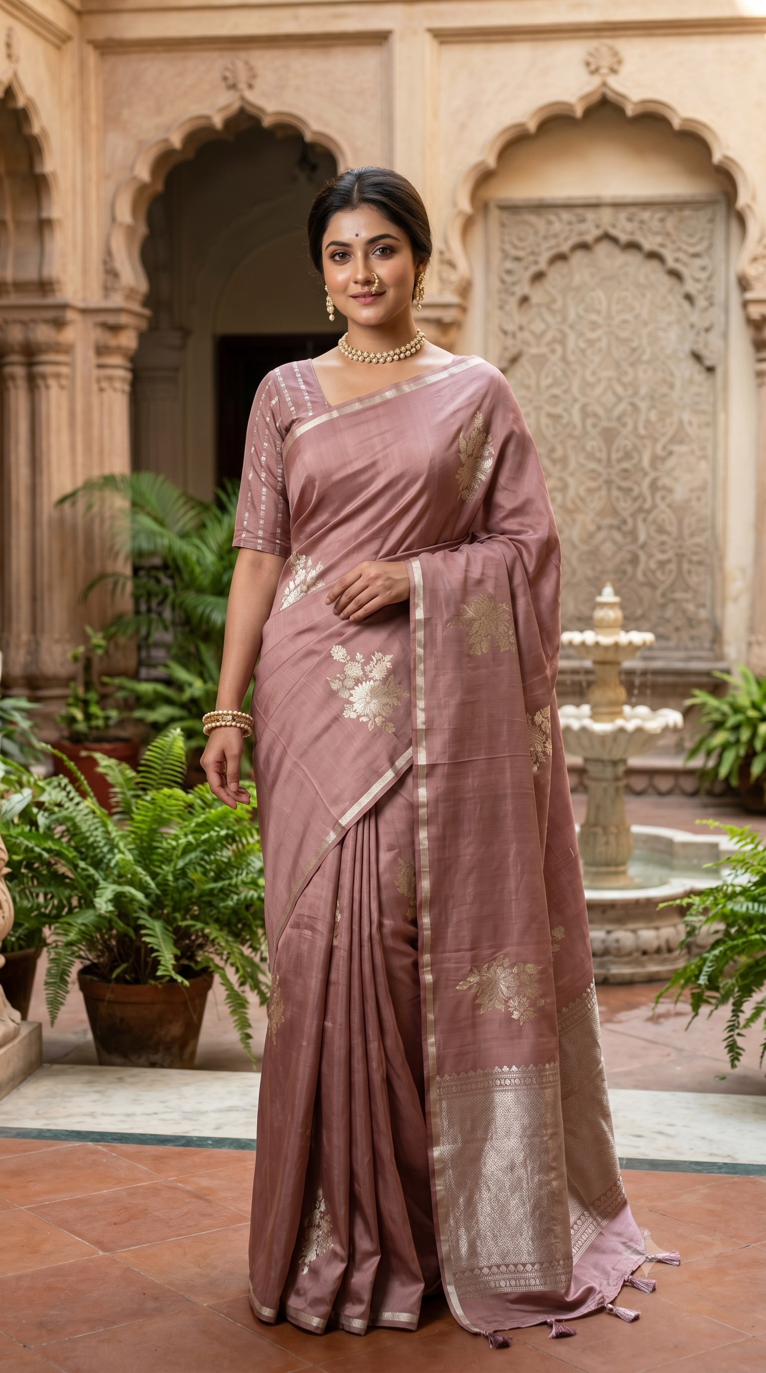 Pastel mauve Mashru silk Banarasi saree with intricate gold motifs and an unstiched blouse, traditional handloom wear by Saarang Sarees.