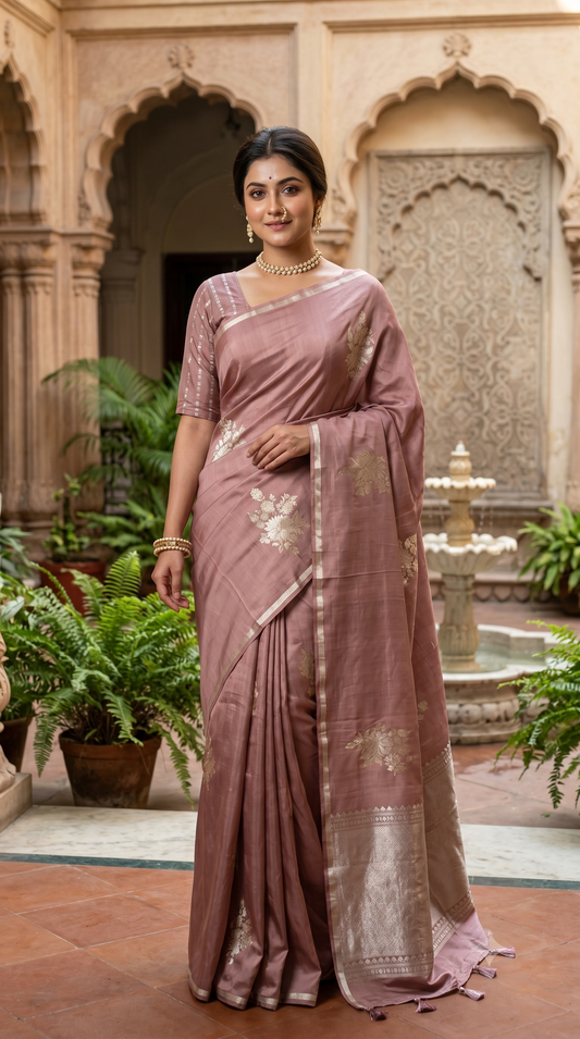 Pastel Mauve Mashru Silk Banarasi Handloom Saree, With Unstiched Blouse