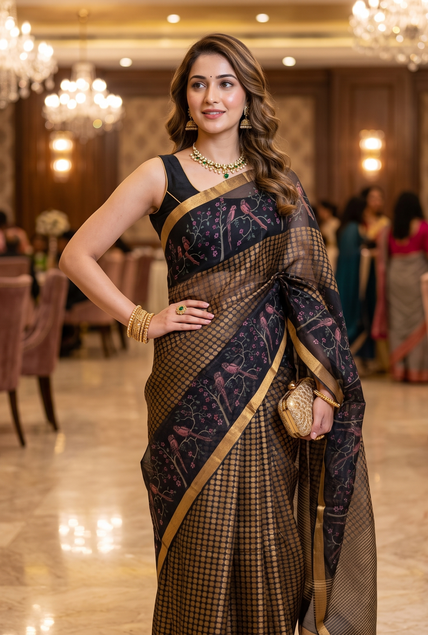 Golden Copper Organza Banarasi Printed Border Saree, With Unstiched Blouse
