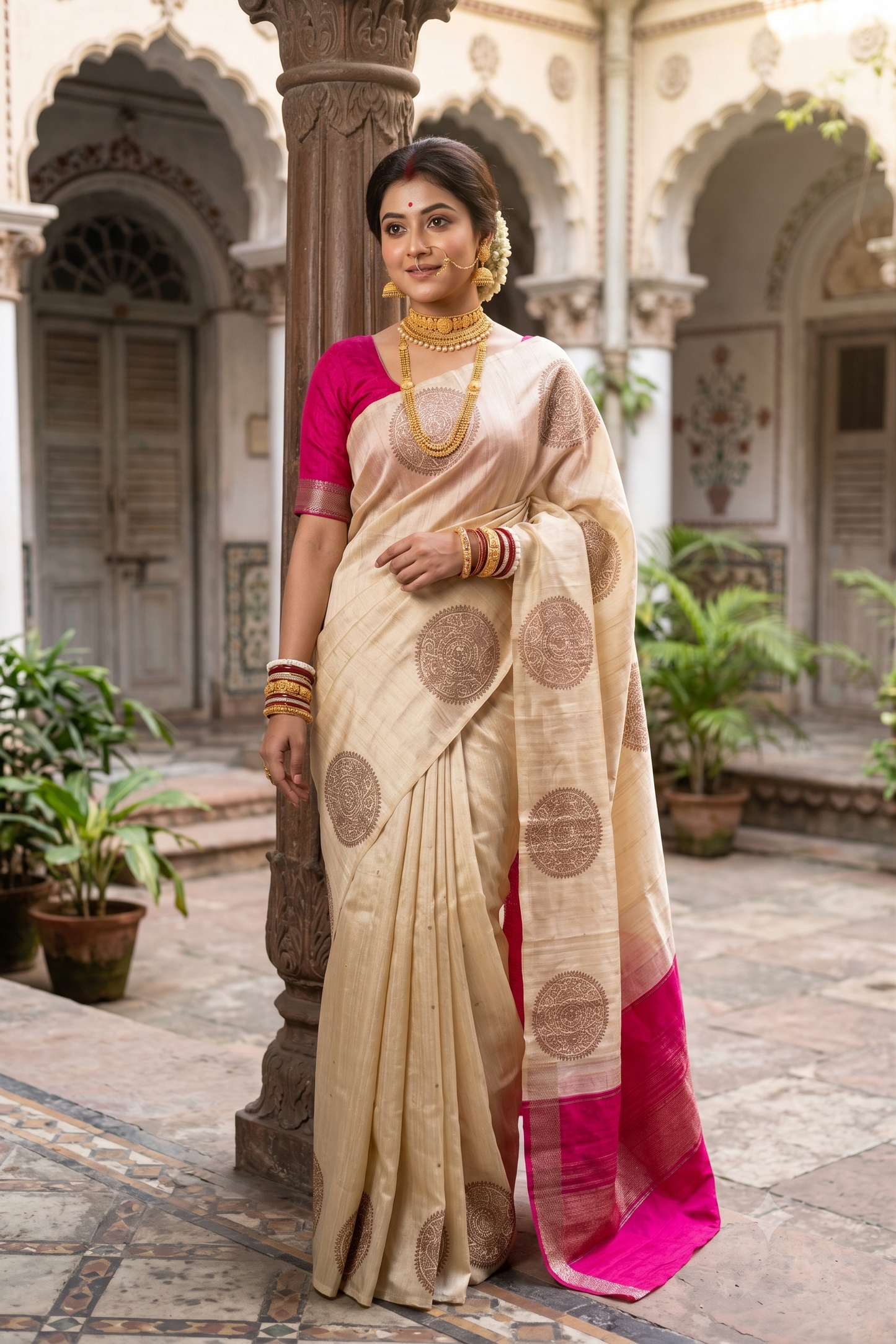Off-White Pure Raw Tussar Banarasi Silk Saree, Hand Woven Motifs With Unstiched Blouse