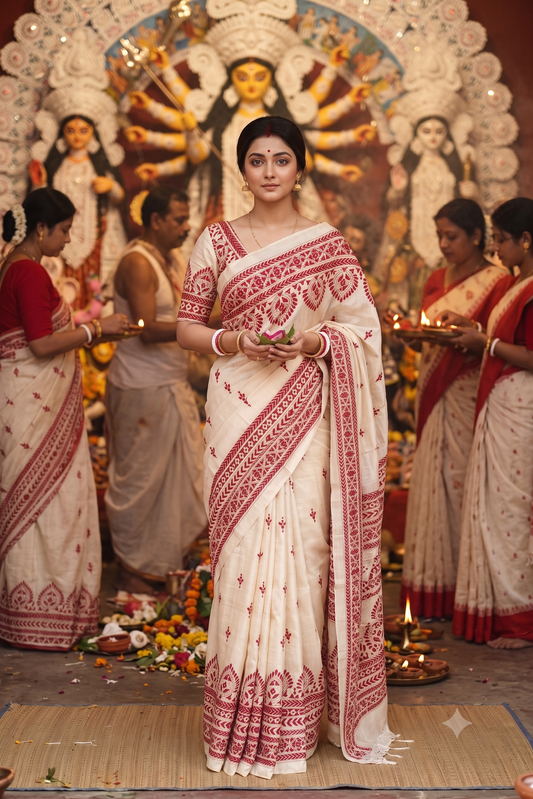Off-White Tussar Embroidery Saree With Kantha Work Border, With Unstitched Blouse