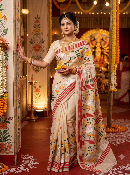 Beige Tussar Embroidery Saree With Kantha Work Border, With Unstitched Blouse