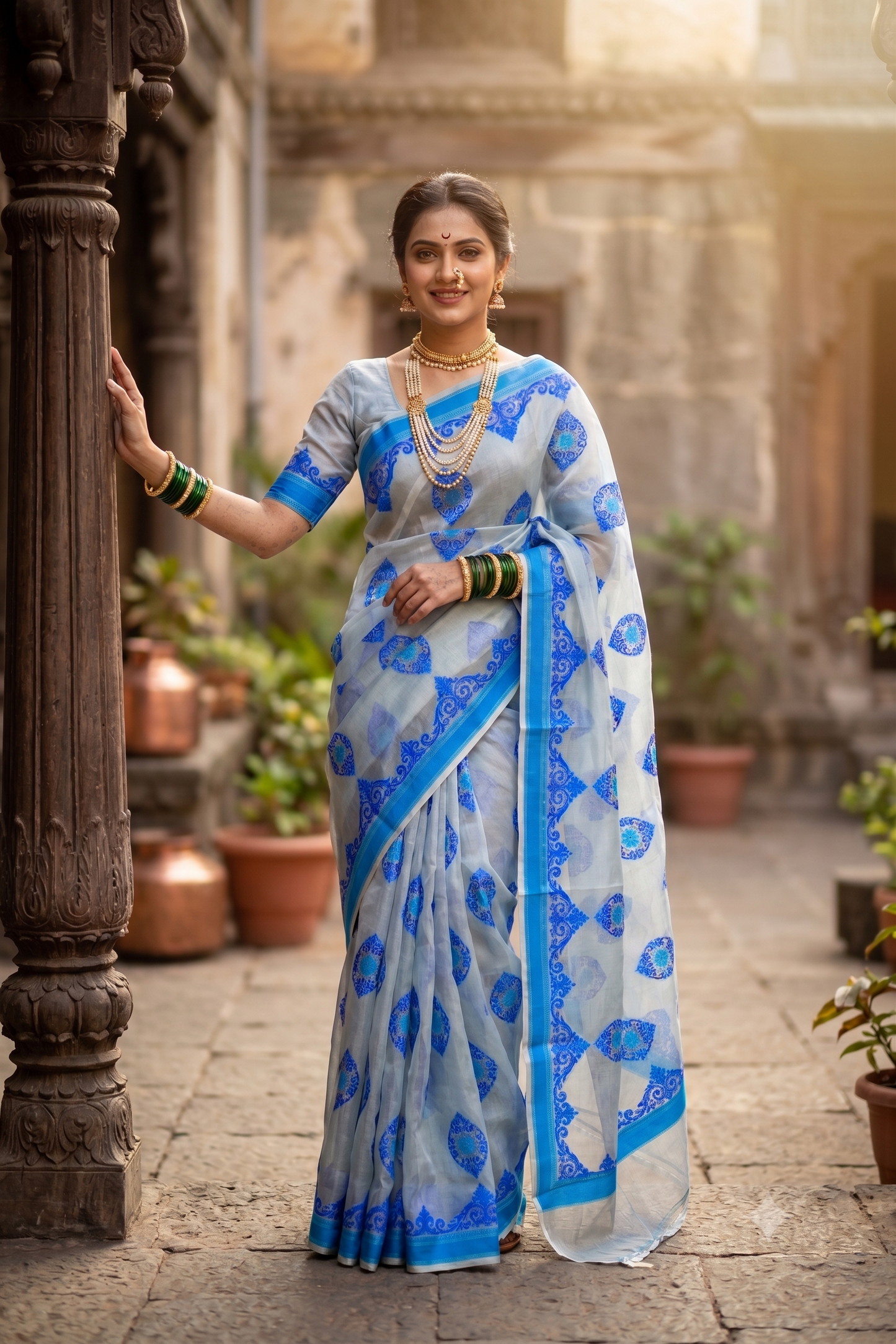 Grey & Blue Muslin Jamdani Saree, With Unstiched Blouse