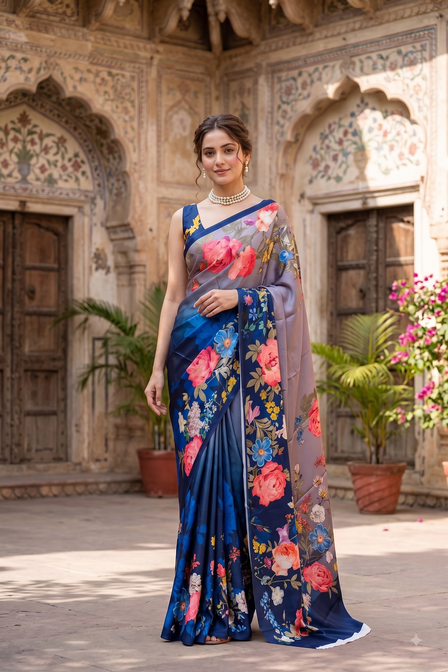 Deep Blue & Multi Floral Printed Satin Crepe Saree, With Unstiched Blouse