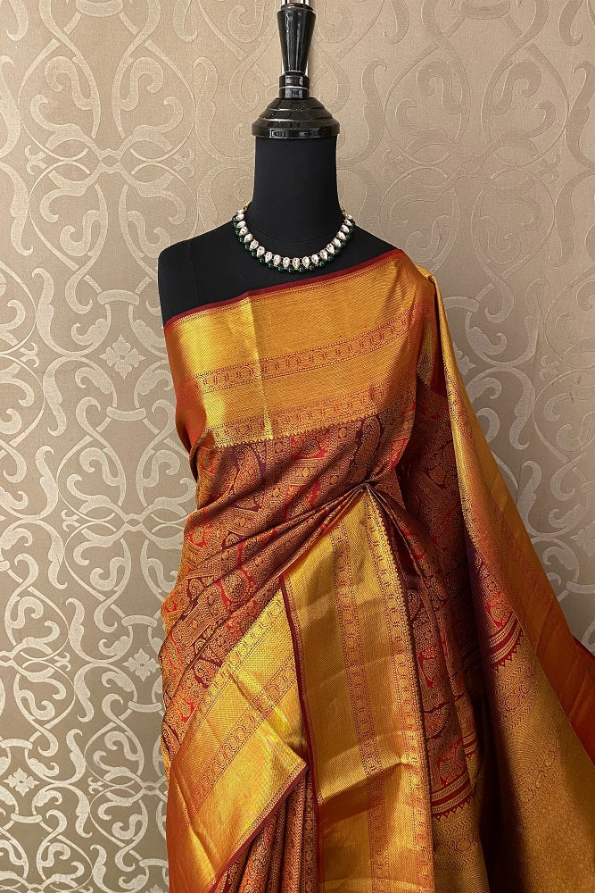 Golden Red Pure Kanjeevaram Silk Saree, With Unstiched Blouse