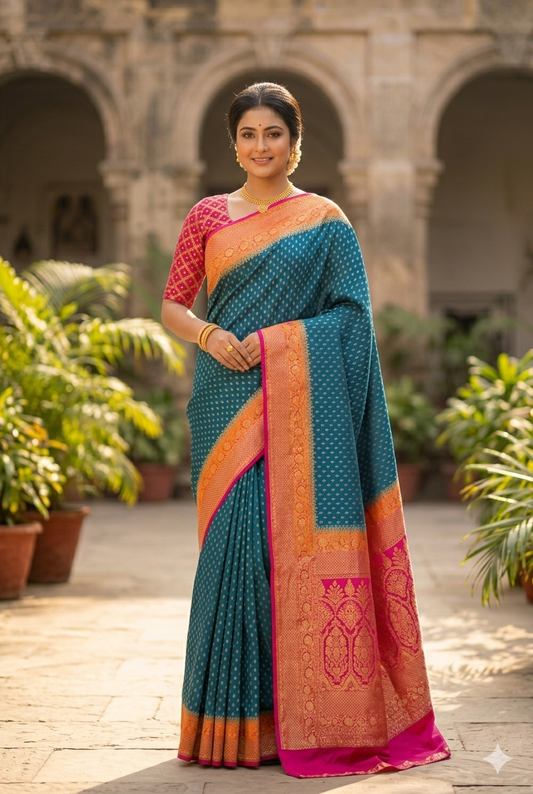 Greenish blue crepe Khaddi Banarasi silk saree with intricate patterns and matching unstiched blouse, traditional wear by Saarang Sarees.