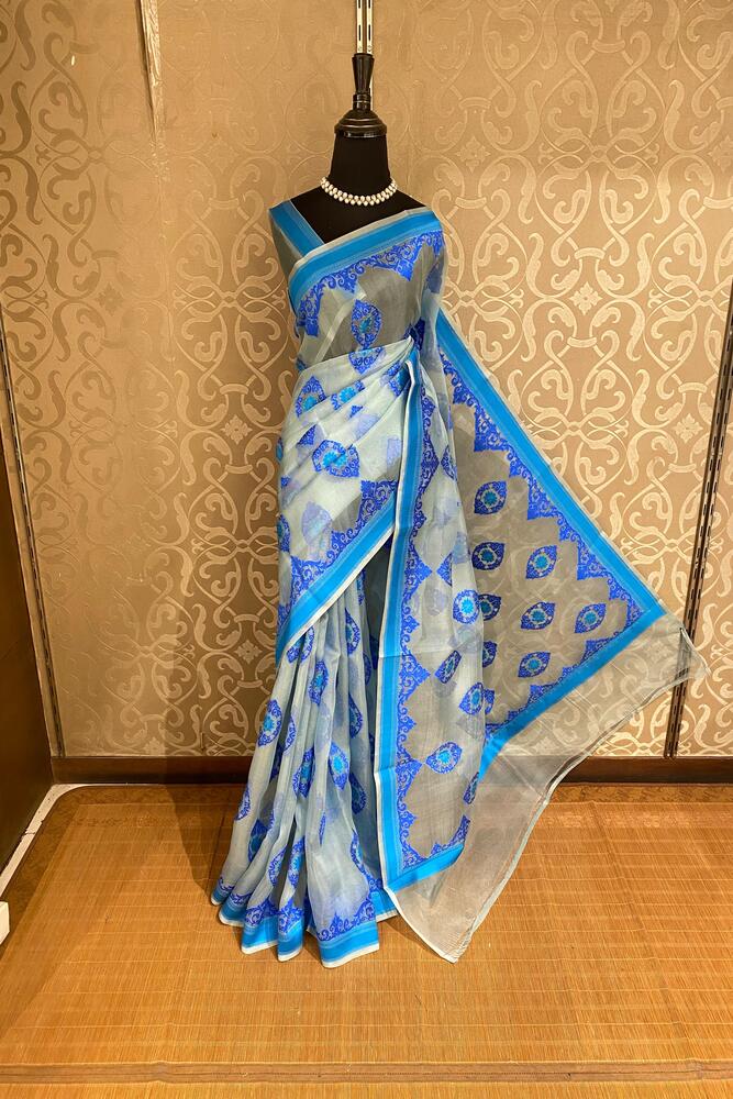 Grey & Blue Muslin Jamdani Saree, With Unstiched Blouse