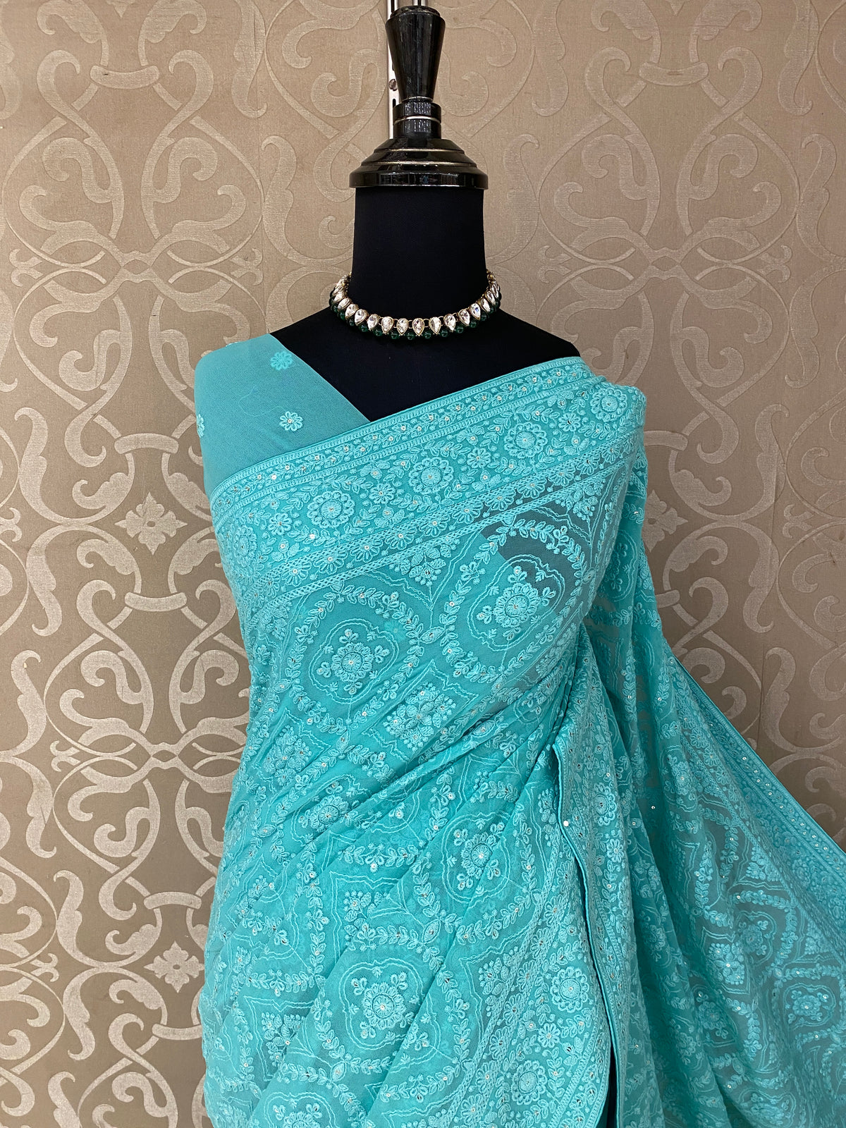 Firozi Blue Georgette Chikankari Embroidery Saree, With Unstitched Blouse