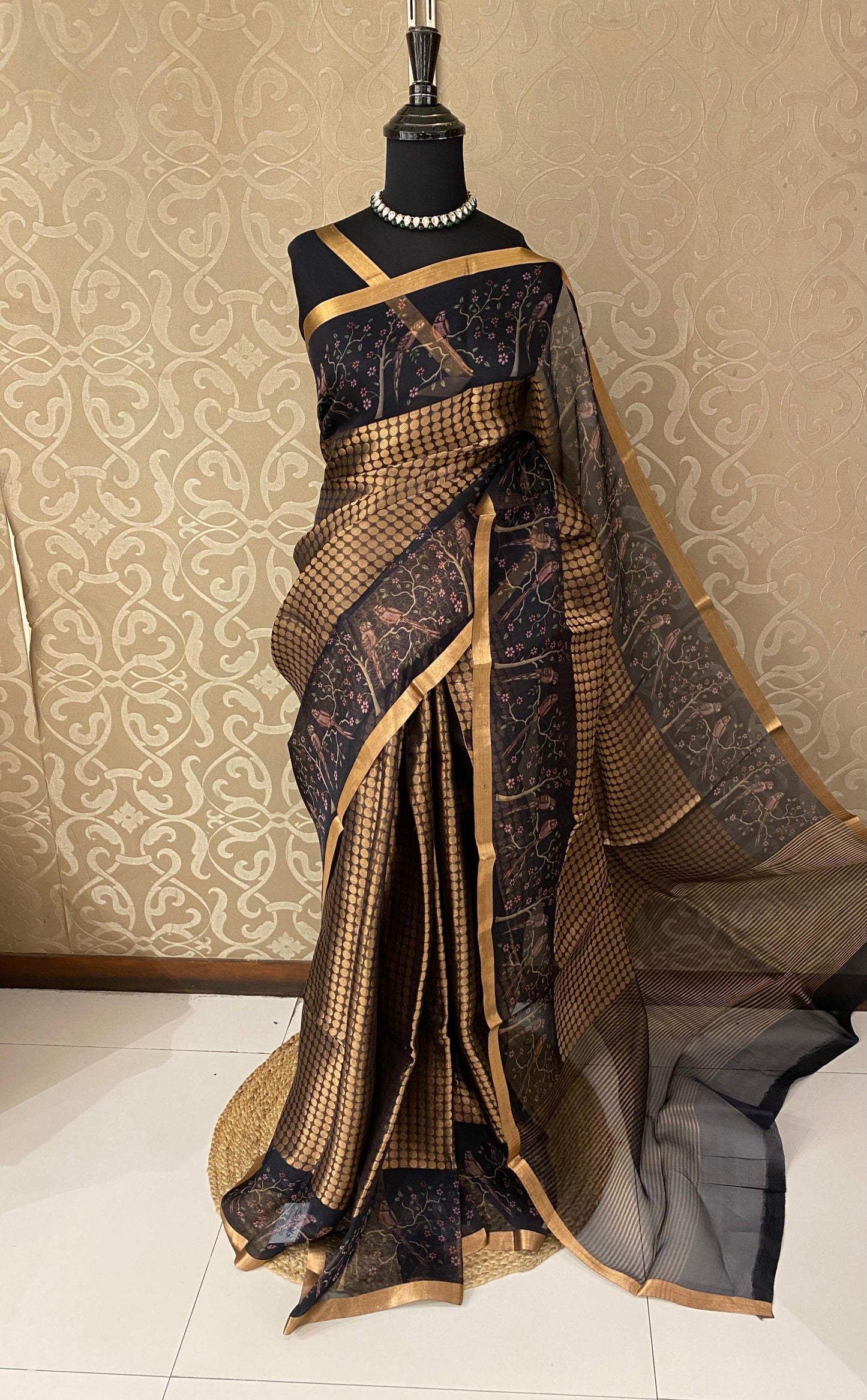 Golden Copper Organza Banarasi Printed Border Saree, With Unstiched Blouse
