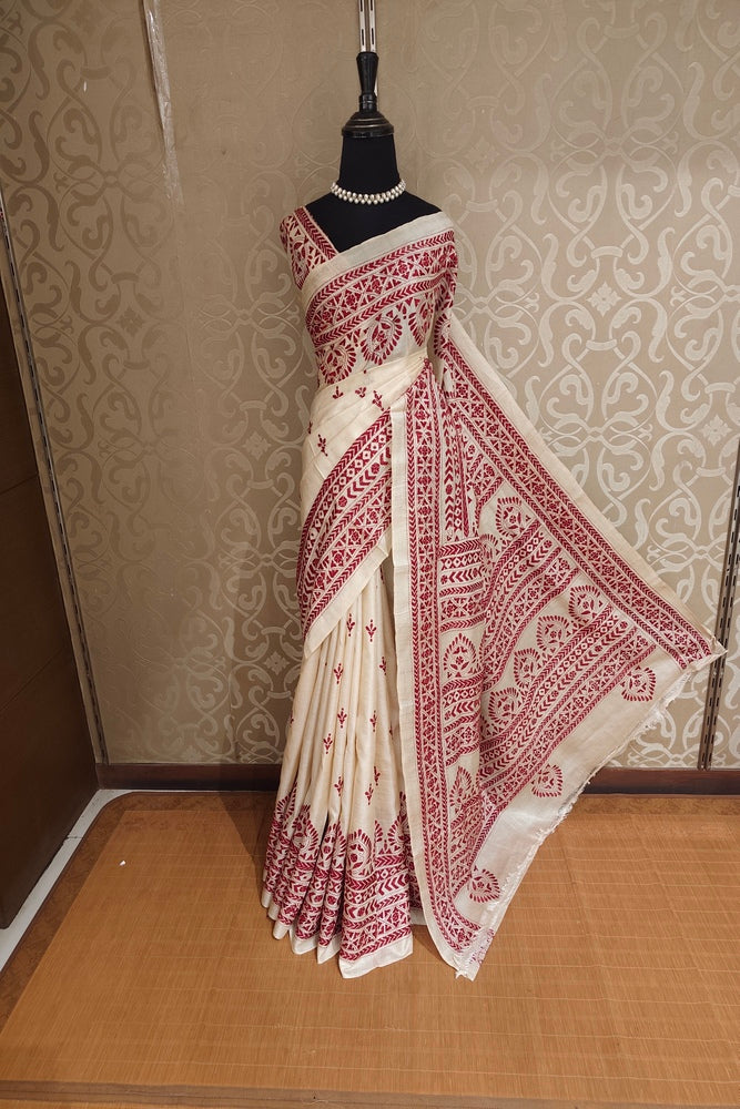 Off-White Tussar Embroidery Saree With Kantha Work Border, With Unstitched Blouse