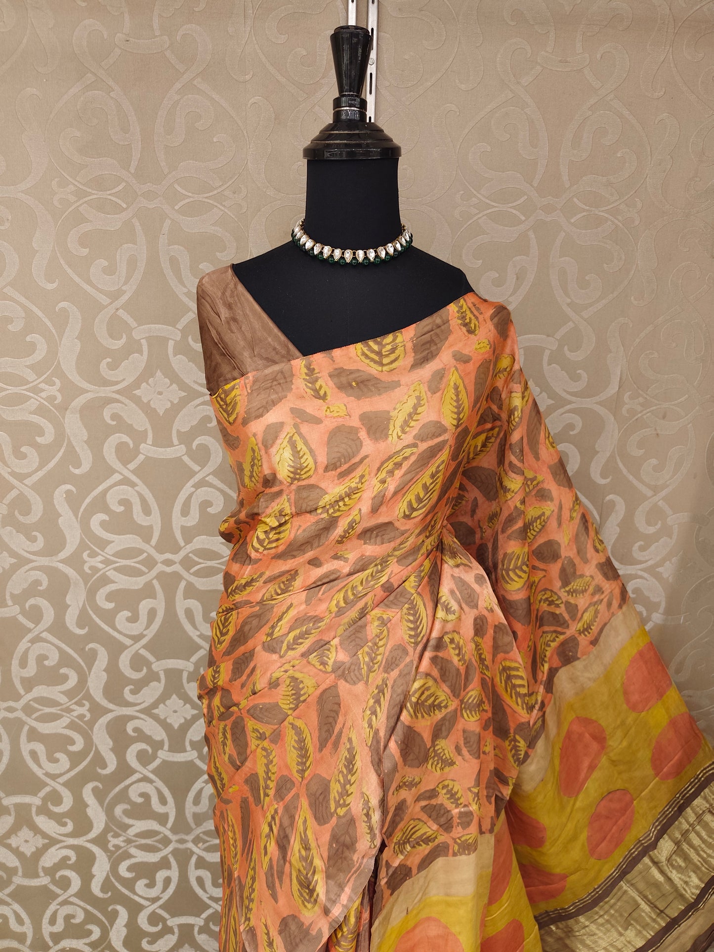 Peach Pure Modal Silk Ajrakh Printed Saree With Unstich Blouse