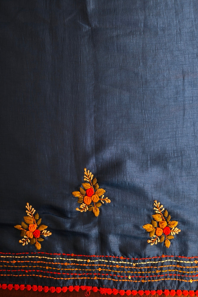 Deep Blue Semi Munga Silk French Knot Hand Embroidery Work Saree, With Unstiched Blouse