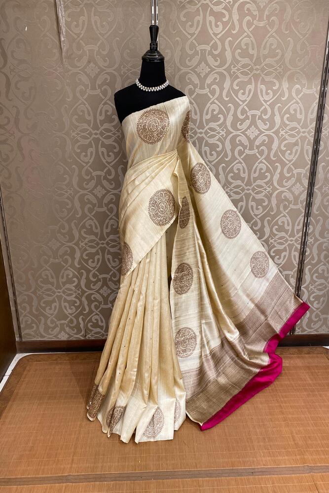 Off-White Pure Raw Tussar Banarasi Silk Saree, Hand Woven Motifs With Unstiched Blouse