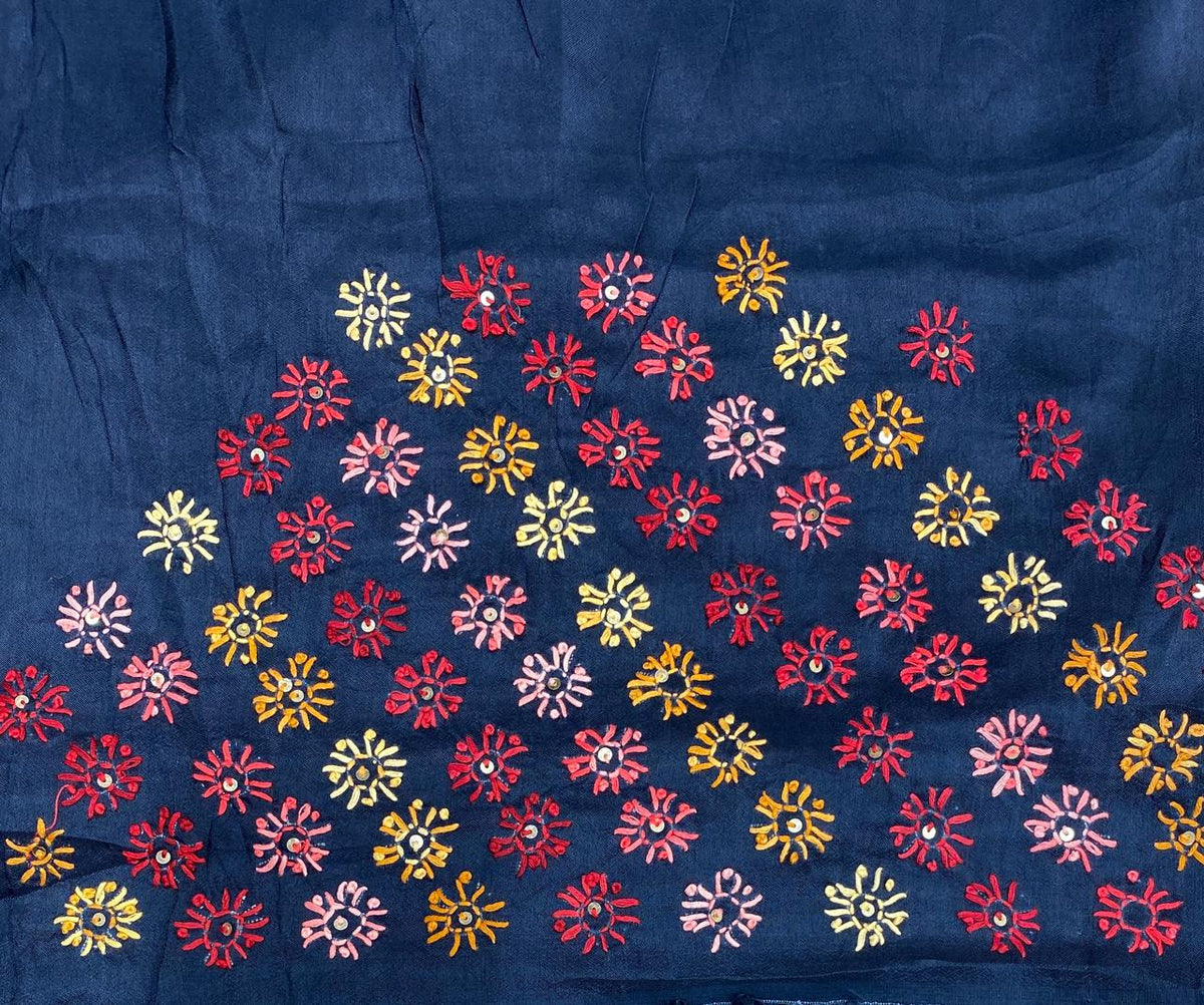 White & Blue Stripe Munga Silk Saree With Hand Embroidery Work, With Unstiched Blouse