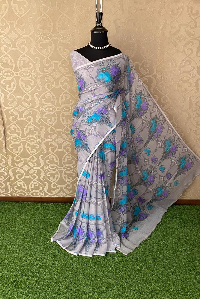 Grey Floral Printed Chiffon Saree, With Unstiched Blouse Piece