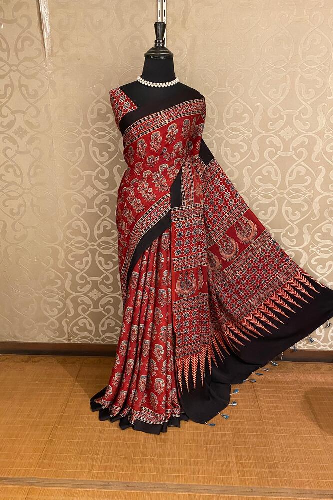 Maroon Pure Modal Silk Ajrakh Printed Saree With Unstiched Blouse