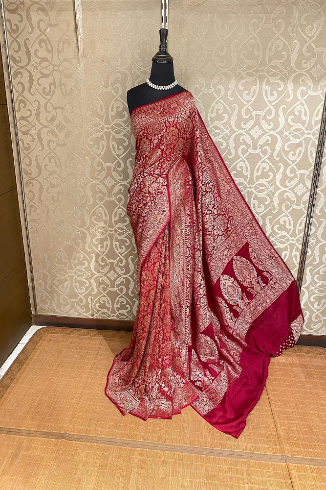 Red Crepe Khaddi Banarasi Silk Saree With Unstiched Blouse