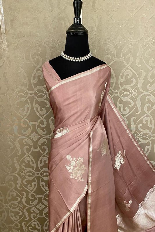 Pastel Mauve Mashru Silk Banarasi Handloom Saree, With Unstiched Blouse