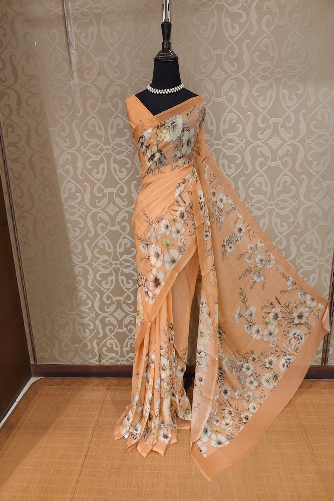 Peach Floral Printed Chiffon Saree, With Unstiched Blouse Piece