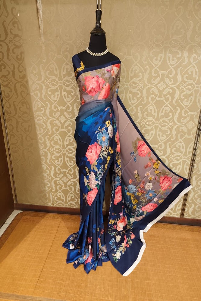 Deep Blue & Multi Floral Printed Satin Crepe Saree, With Unstiched Blouse