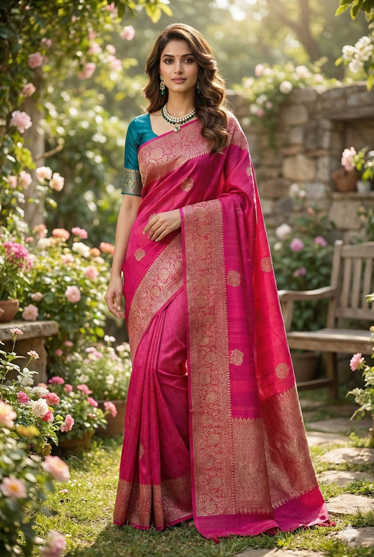 Rani Pure Raw Tussar Banarasi Silk Saree, Hand Woven Motifs With Unstiched Blouse