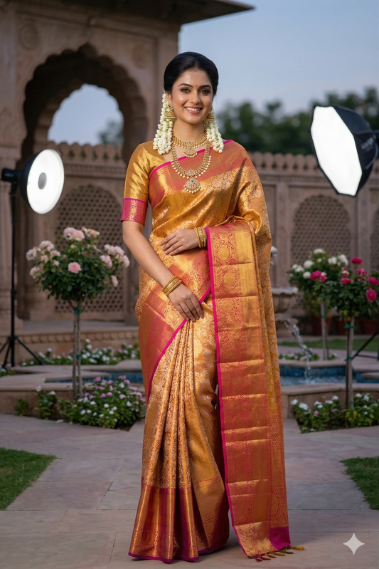 Golden orange Kanjeevaram silk saree with traditional woven patterns and matching unstiched blouse from Saarang Sarees.