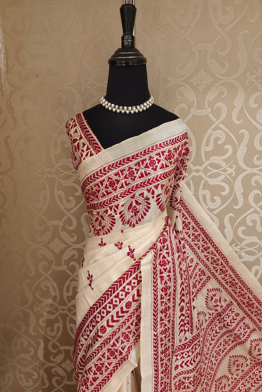 Off-White Tussar Embroidery Saree With Kantha Work Border, With Unstitched Blouse