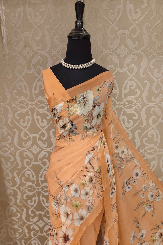 Peach Floral Printed Chiffon Saree, With Unstiched Blouse Piece