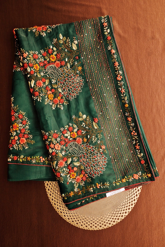 Deep Green Semi Munga Silk French Knot Hand Embroidery Work Saree, With Unstiched Blouse
