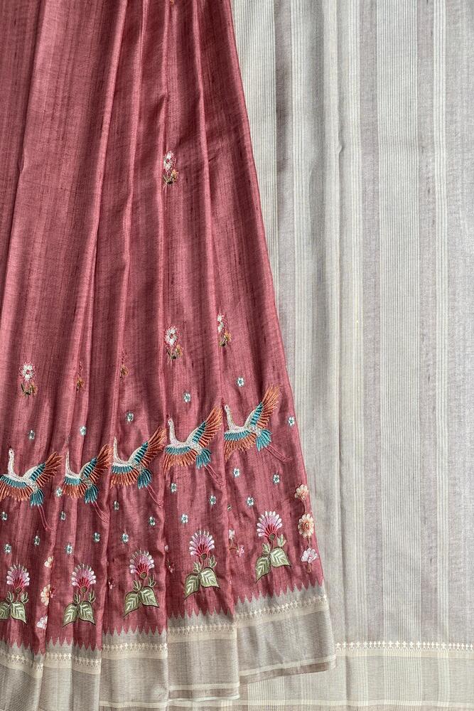 Pink Tussar Cotton Resham Work Saree, With Unstiched Blouse