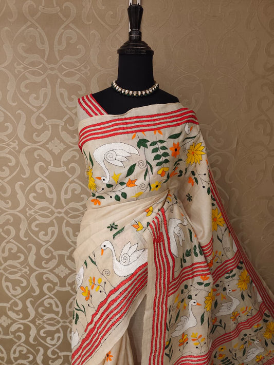Beige Tussar Embroidery Saree With Kantha Work Border, With Unstitched Blouse