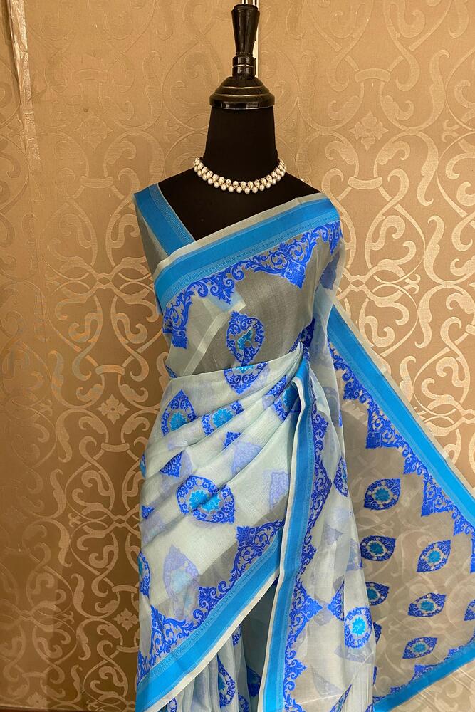 Grey & Blue Muslin Jamdani Saree, With Unstiched Blouse