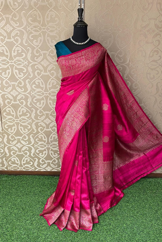 Rani Pure Raw Tussar Banarasi Silk Saree, Hand Woven Motifs With Unstiched Blouse