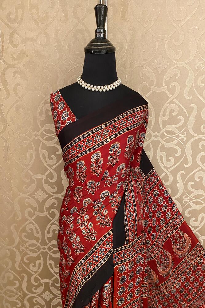 Maroon Pure Modal Silk Ajrakh Printed Saree With Unstiched Blouse
