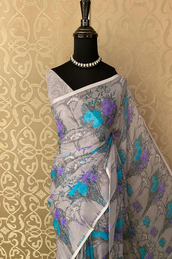 Grey Floral Printed Chiffon Saree, With Unstiched Blouse Piece