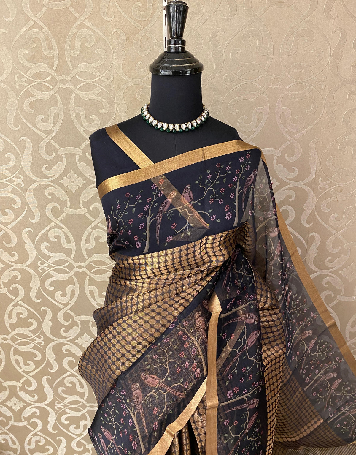 Golden Copper Organza Banarasi Printed Border Saree, With Unstiched Blouse