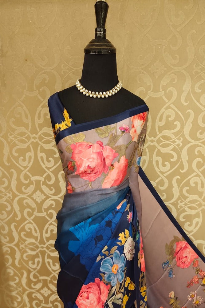 Deep Blue & Multi Floral Printed Satin Crepe Saree, With Unstiched Blouse