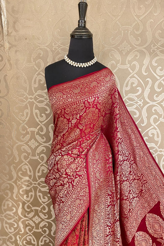 Red Crepe Khaddi Banarasi Silk Saree With Unstiched Blouse