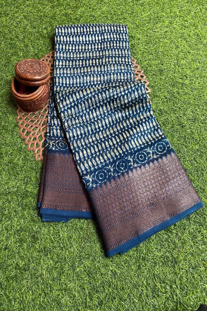 Blue cotton Chanderi saree from Saarang Sarees with traditional design and matching unstiched blouse for elegant wear.